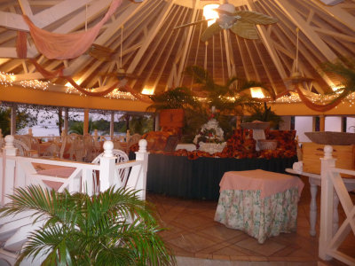 Ceiling fans overhead to keep the open air restaurant cool.