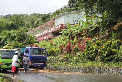 After leaving the batik shop, we were temporarily delayed by a lumber truck that spilled lumber onto the road.