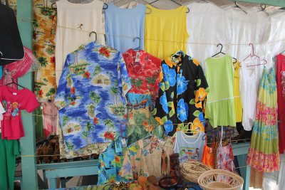 Colorful Caribbean shirts for sale at the souvenir stand.