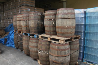 The rum is cured in barrels.
