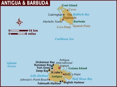Map of Antigua & Barbuda with the red dot indicating the capital, St. John's.