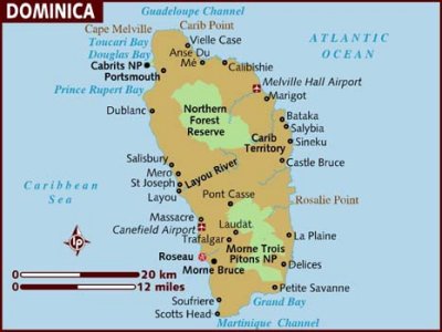 Map of Dominica with the star indicating Roseau, the capital.