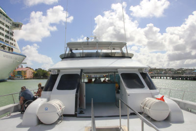 The upper deck of the catamaran.