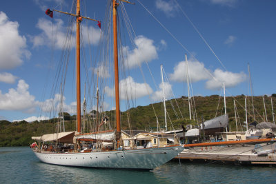 A beautiful schooner docked on Antigua's coastline.
