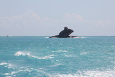 Hawksbill Rock in Harksbill Bay, Antigua, is famous because it resembles a sea creature opening its jaws.
