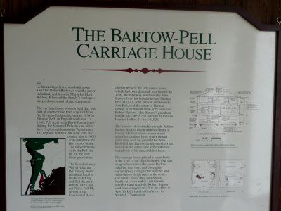 As this sign explains, Robert Bartow built the carriage house in 1842 for the family's carriages, horses and sleighs.