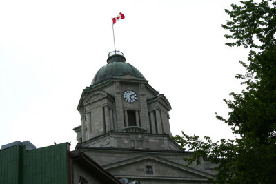 A close-up of the Old Post Office tower.
