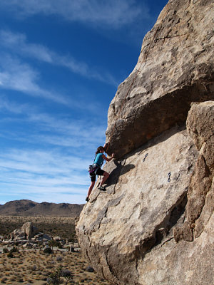 Taylor climbs 'SW-corner' on Headstone Rock - 5.6 (Joshua Tree)