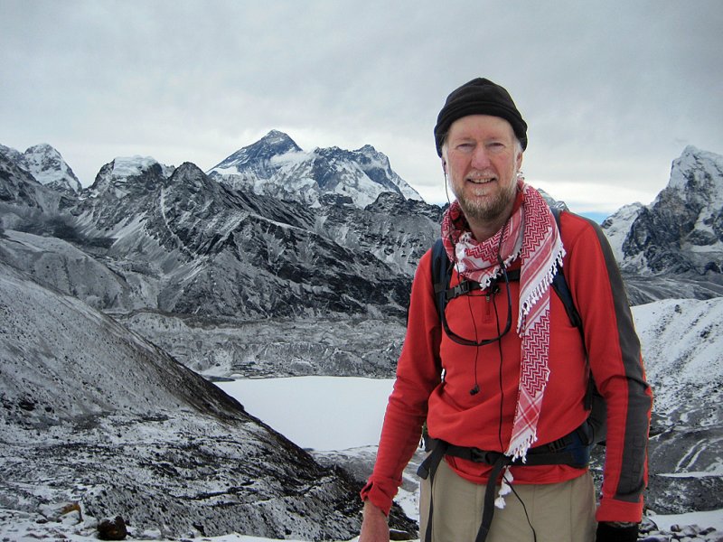 Climbing Renjo La with Gokyo and Everest behind