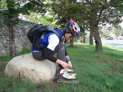 The inline skate was on wet roads.