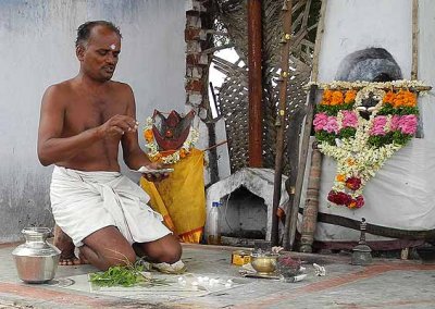 The shaman gives some leaves and ashes to be boiled and drunk at home. Tirunelveli District, Tamil Nadu.