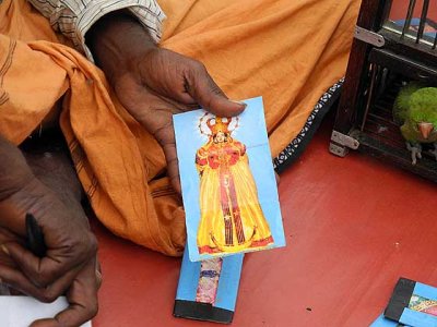 Fortune teller in Nagercoil, Tamil Nadu. The main card shows Saraswati, goddess of knowledge, music and creative arts.