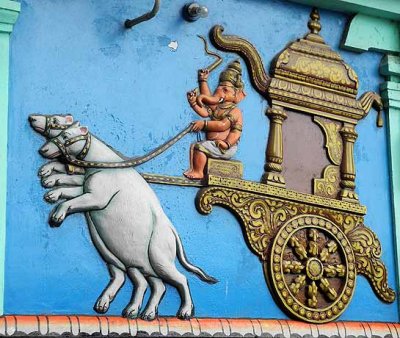 Ganesh on a carriage drawn by two rats, Sri Senthil Andavar temple in Tiruchendur