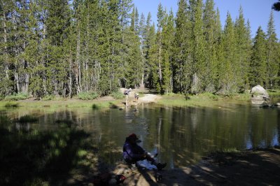 Crossing the gentle outlet of Tenaya Lake