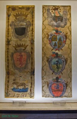 Two of the flags displayed when the Contrada wins the Palio.  Notice the dates here.