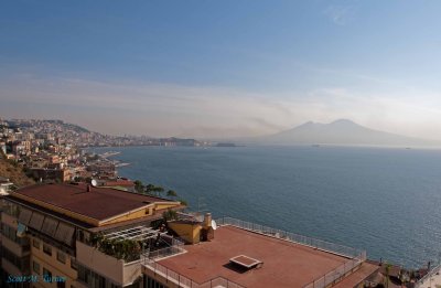 Heading down the road into Naples, with Naples and Vesuvius in the distance