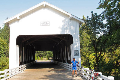 covered bridge above dorena lake