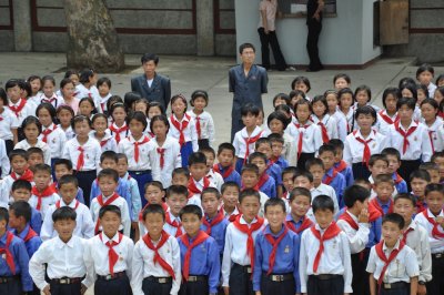 Schoolchildren lining up to visit the Sinchon Museum of American War Atrocities