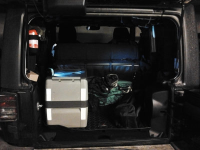 Waeceo fridge CF-40 in the back of a Jeep Wrangler 2 door 2012 with the backseat flipped