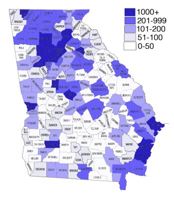 # Complete eBird Checklists in GA counties