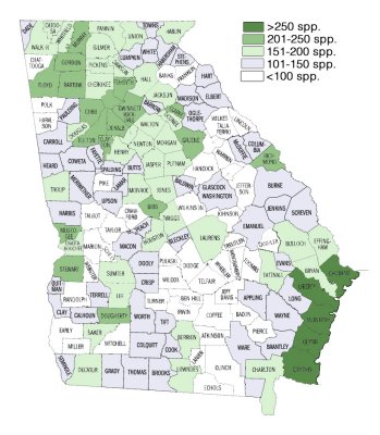 # of species reported to eBird from GA counties