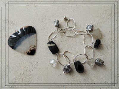Black and white stones and sterling silver bracelet