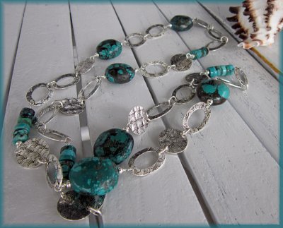 Turquoise and sterling silver long necklace