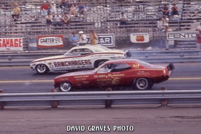 Qualifying '71 NHRA Springnationals, Dallas, (Leroy Goldstein) Ramchargers and (unknown driver) John Mazmanian