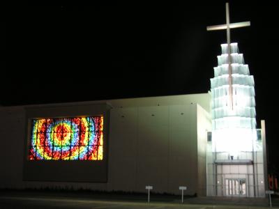 Stained glass and glowing entrance to church in Wichita Falls