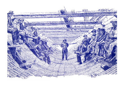 The Work Crew-1913 -  by Joe Versikaitis
One of the construction crew inside the flume of the Brooks Aqueduct back in 1913., This 11 x 14 drawing was done from an image source provided by the Eastern Irrigation District. It was done in ink by drawing small circles.
The story has it that not long after this image was taken a couple of the crew members were killed when a thunder storm swept through the area and knocked one of the scaffoldings down..
Prints are $35.00 plus $10.00 shipping
We accept payments through Pay Pal for your convenience -Pay Pal
 To Email Joe Click here for info   or Phone 403 527 3091