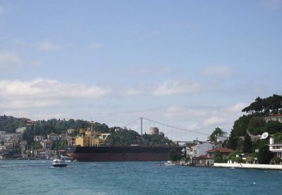 Cargo ship heading up the Bosphorus to the Black Sea