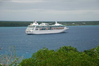 A view of the ship from the highest point on the island