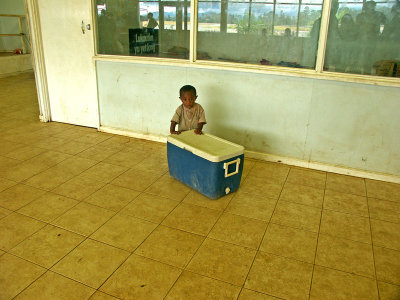 Little boy minding the Eske in the departure lounge at Hagen Airport
