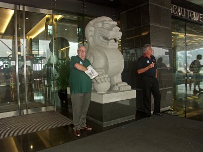 Waiting for the coach outside the Macau Tower