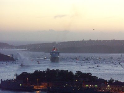  QM2 Sailing into Sydney Harbour at dawn 20 February, 2007