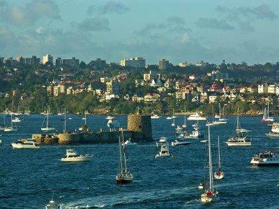 Fort Denison surrounded by small boats looks great