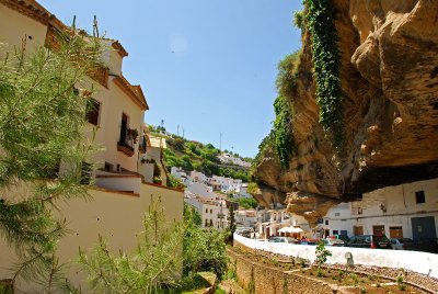Restaurants under the overhanging cliffs