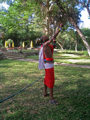 Using a sling shot to scare the monkeys away fortunately they don't hit many