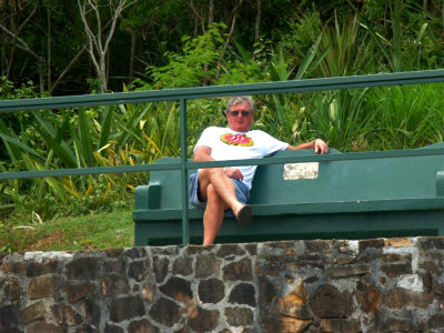 Davo sitting on Sir Francis Drake's memoral seat