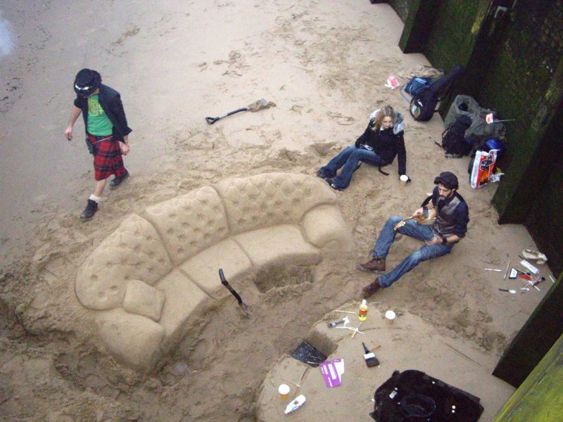Sandy sofa sitting on the south side shore