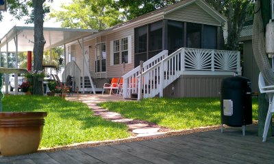 from dock now--how about those custom steps!  Shed is to right