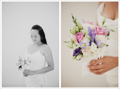 White and eggplant lisianthus, blue iris, Vendela and Cool Water roses, Photo by CLY Creation
