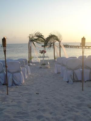 With white covered chairs with silver sashes and the bamboo/palm arch