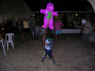 Little kid takes a swing at Barney