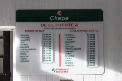 Train pricing in pesos (about 12/$)