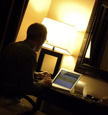 Checking emails from the hotel