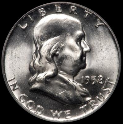 1958-D Franklin Half Dollar PCGS MS 64 FBL obv