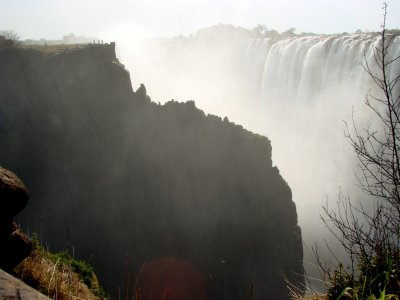 Individuals viewing the falls from atop the Zimbabwe side