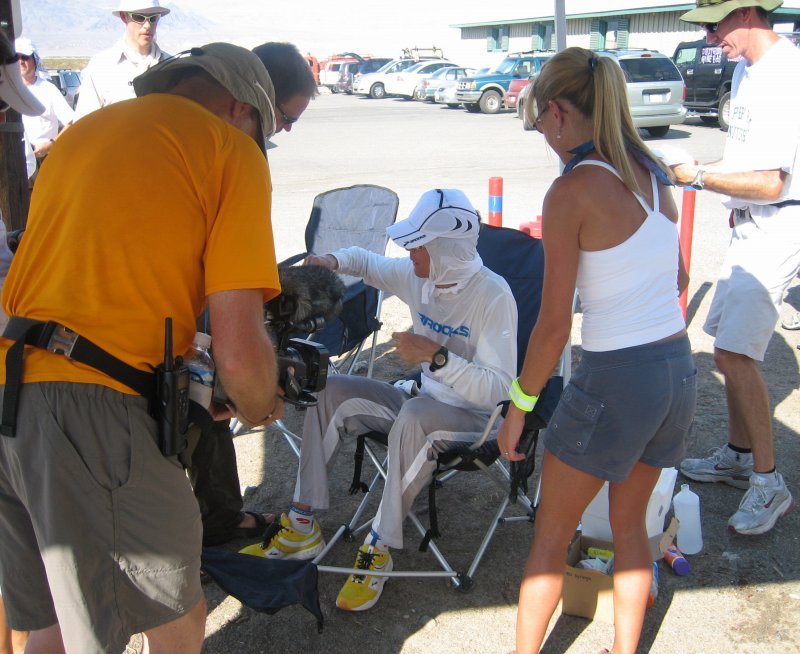 Scott drops in to our easy-up for a blood and urine test, and a new sweat patch