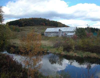 gray barn on the river. . .